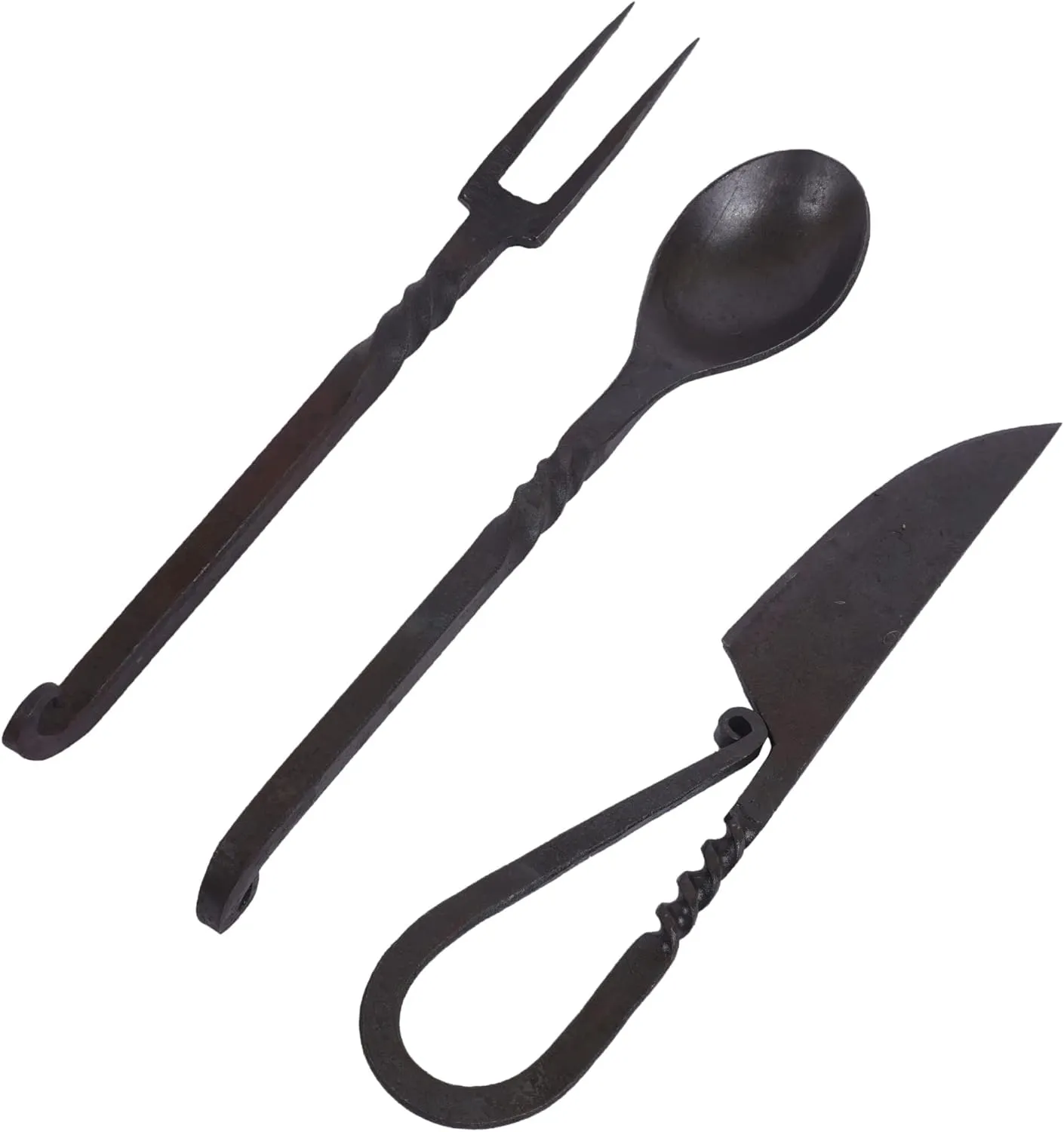 Viking Traders Hand-Forged Blacksmith Medieval Dining Hall Eating/Feasting Utensils set of 3 Piece Functional Fork Knife and Spoon Medieval Eating Set, with genuine leather pouch for easy carrying.
