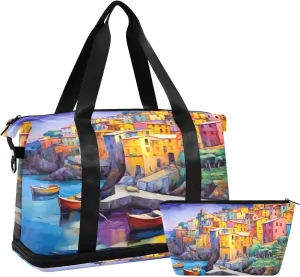 Village Painting Gym Bag - Weekender Overnight Bags for Women Men, Sport Travel Duffel Bag with Wet Pocket & Shoe Compartment