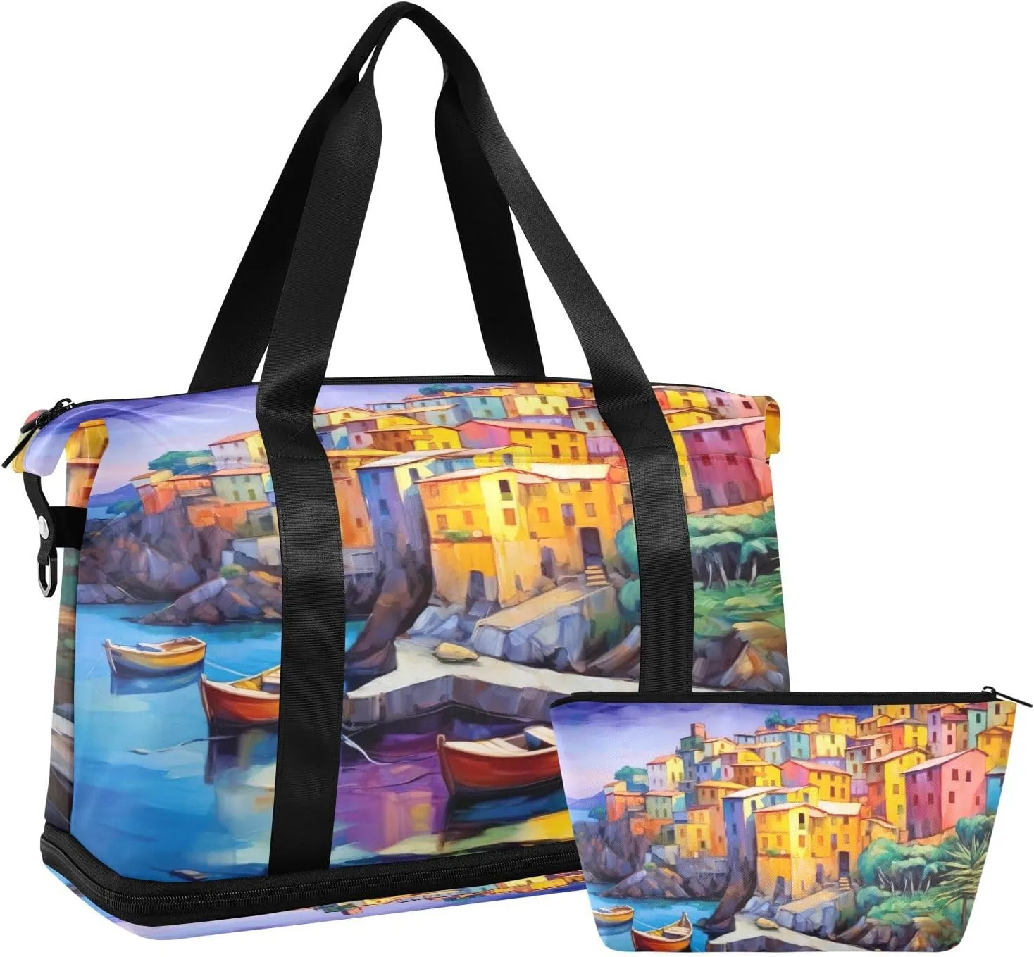 Village Painting Gym Bag - Weekender Overnight Bags for Women Men, Sport Travel Duffel Bag with Wet Pocket & Shoe Compartment