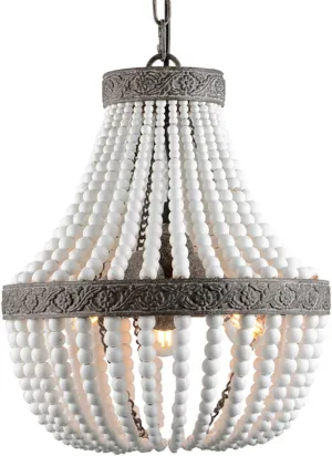 VILUXY 3-Light Bohemia Wood Beaded Chandelier Antique Rustic Pendant Light White Finishing for Bedroom, Kitchen Island, Girl Room