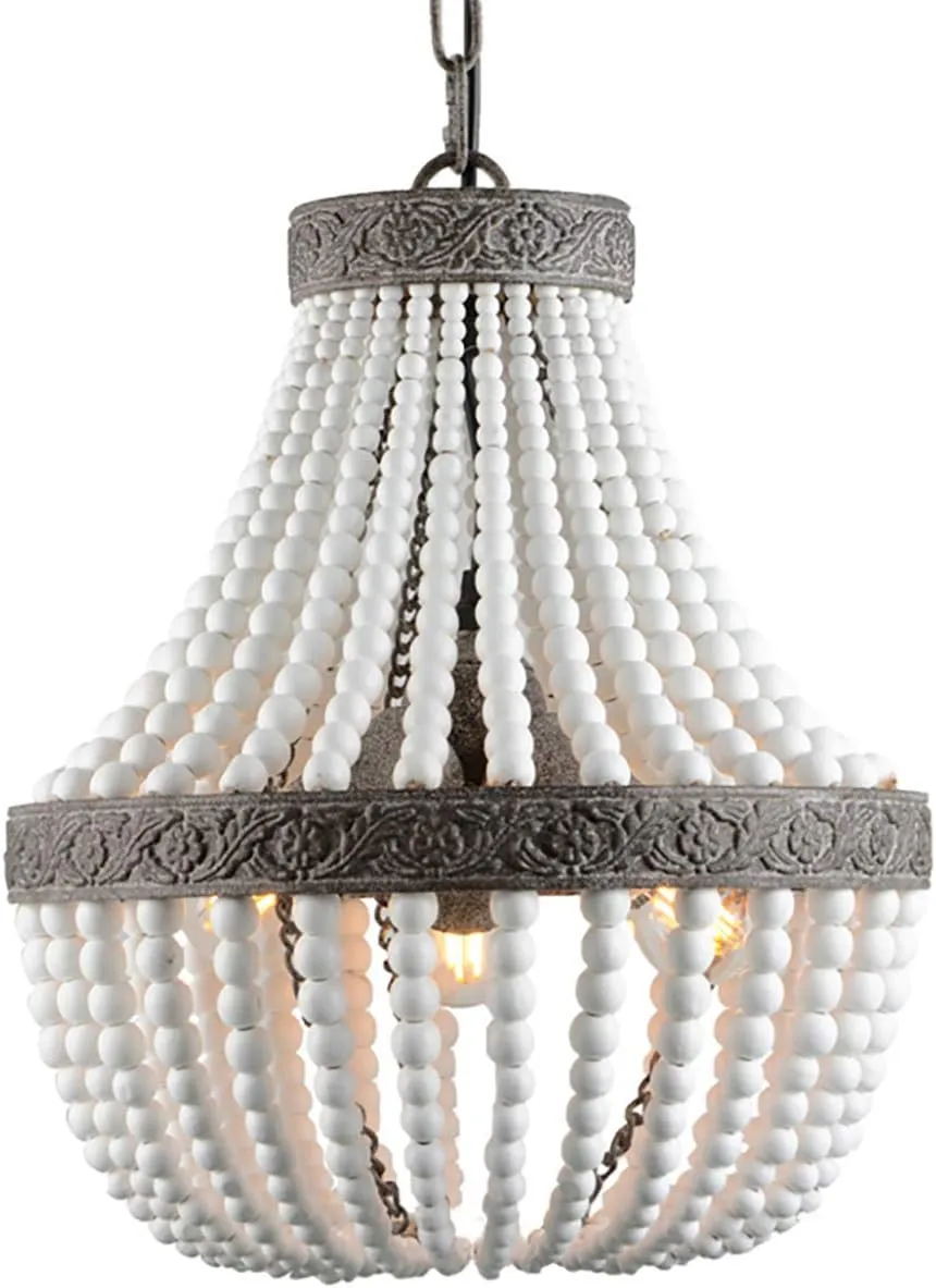 VILUXY 3-Light Bohemia Wood Beaded Chandelier Antique Rustic Pendant Light White Finishing for Bedroom, Kitchen Island, Girl Room