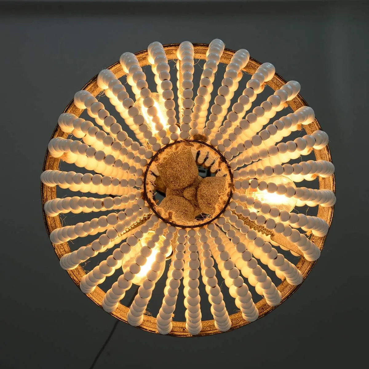 VILUXY 3-Light Bohemia Wood Beaded Chandelier Antique Rustic Pendant Light White Finishing for Bedroom, Kitchen Island, Girl Room