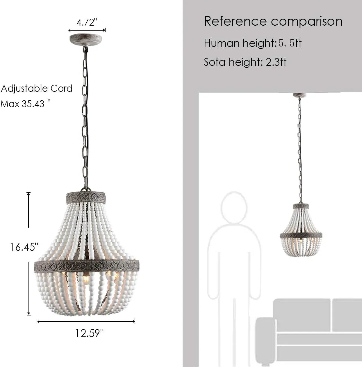 VILUXY 3-Light Bohemia Wood Beaded Chandelier Antique Rustic Pendant Light White Finishing for Bedroom, Kitchen Island, Girl Room