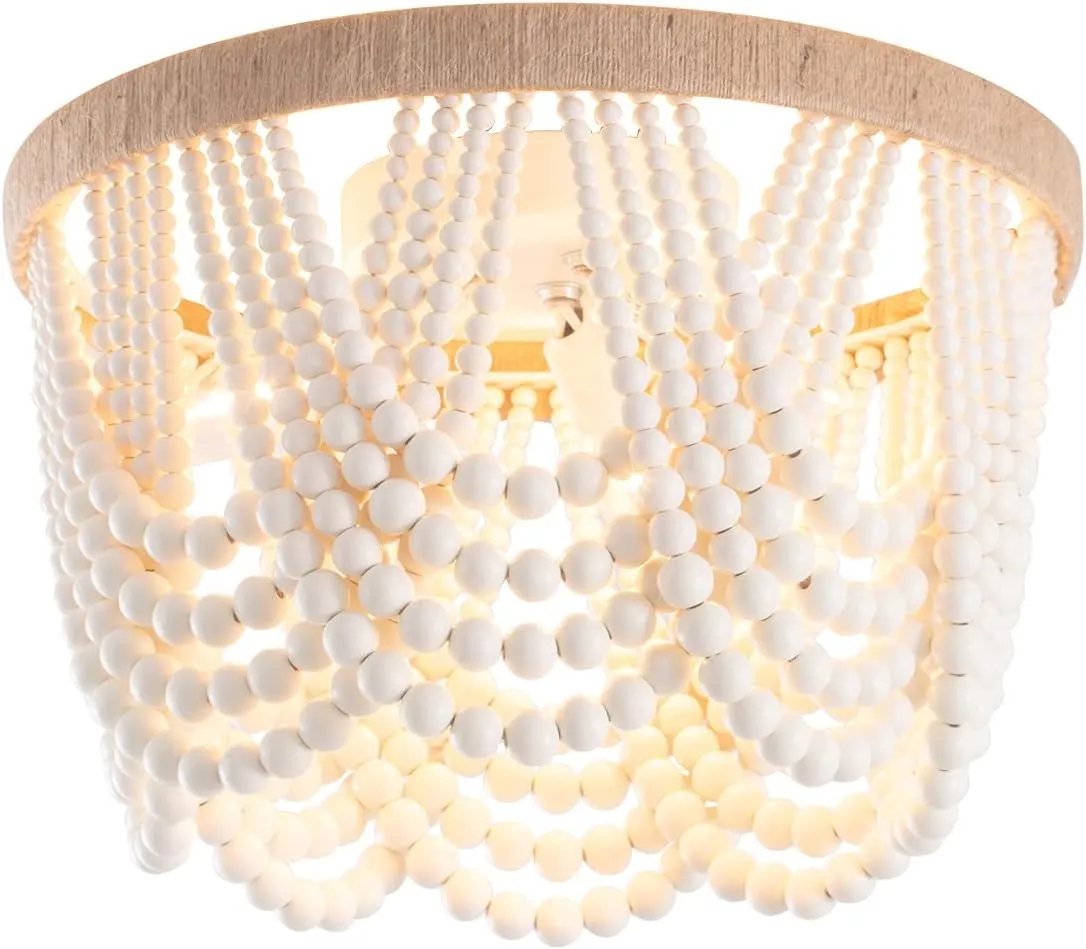 VILUXY Bohemia Wood Beaded Flush Mount Ceiling Light Antique Rustic Mini Chandelier White Finishing for Bedroom,Nursery Room, Girl Room, Hallway, Entryway, Passway, Dining Room, 3-Light
