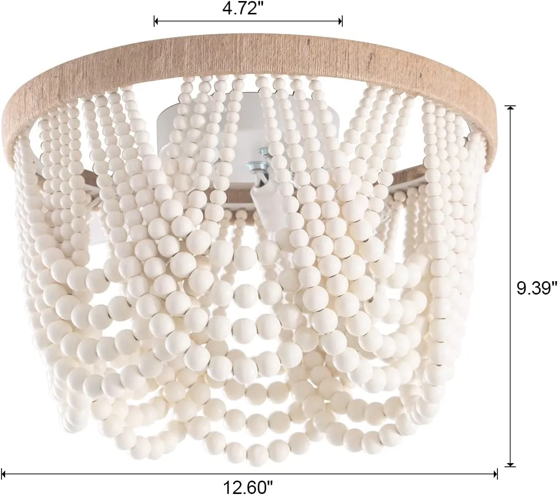 VILUXY Bohemia Wood Beaded Flush Mount Ceiling Light Antique Rustic Mini Chandelier White Finishing for Bedroom,Nursery Room, Girl Room, Hallway, Entryway, Passway, Dining Room, 3-Light