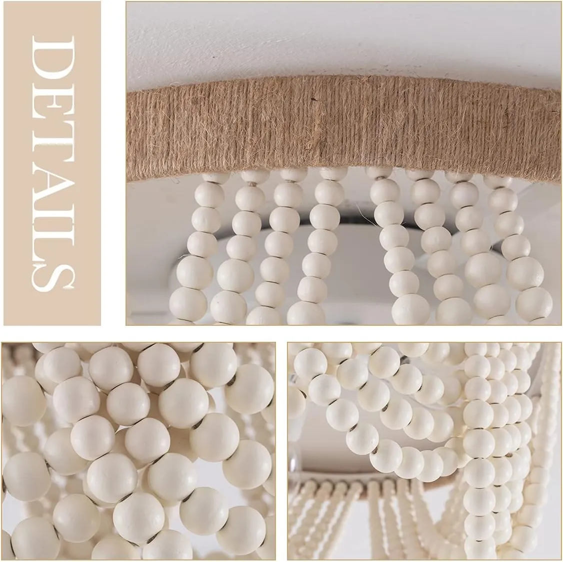VILUXY Bohemia Wood Beaded Flush Mount Ceiling Light Antique Rustic Mini Chandelier White Finishing for Bedroom,Nursery Room, Girl Room, Hallway, Entryway, Passway, Dining Room, 3-Light