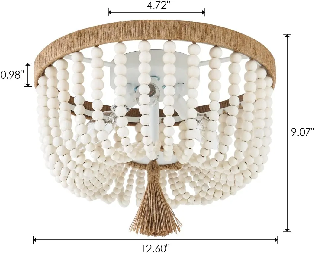 VILUXY Bohemia Wood Beaded Flush Mount Ceiling Light Antique Rustic Mini Round Chandelier White for Bedroom Kitchen Island Girl Room Entryway 3-Light