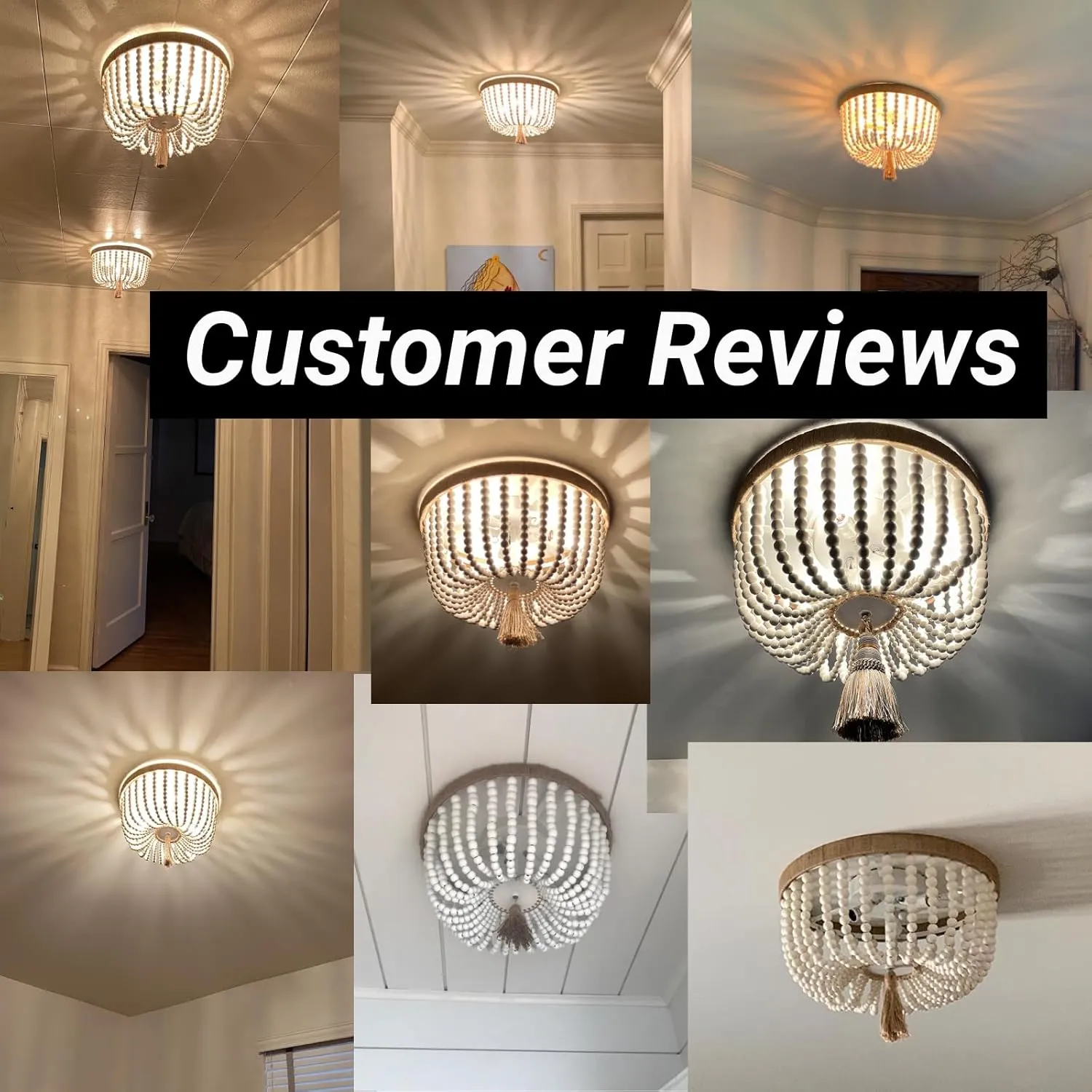 VILUXY Bohemia Wood Beaded Flush Mount Ceiling Light Antique Rustic Mini Round Chandelier White for Bedroom Kitchen Island Girl Room Entryway 3-Light