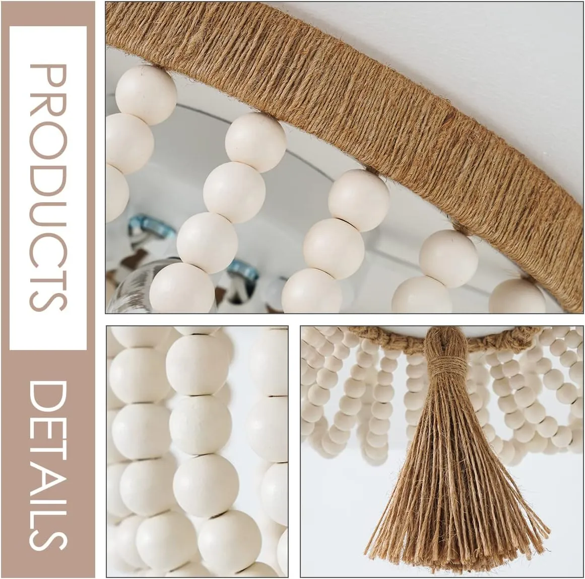 VILUXY Bohemia Wood Beaded Flush Mount Ceiling Light Antique Rustic Mini Round Chandelier White for Bedroom Kitchen Island Girl Room Entryway 3-Light