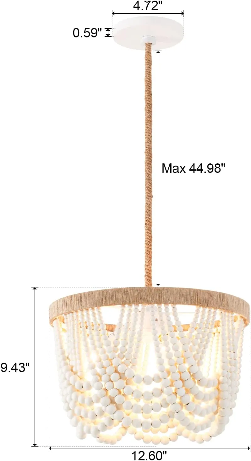 VILUXY Bohemia Wood Beaded Pendant Lights Antique Rustic Mini Chandelier White Finishing for Bedroom, Nursery Room, Girl Room, Hallway, Entryway, Passway, Dining Room, 3-Light
