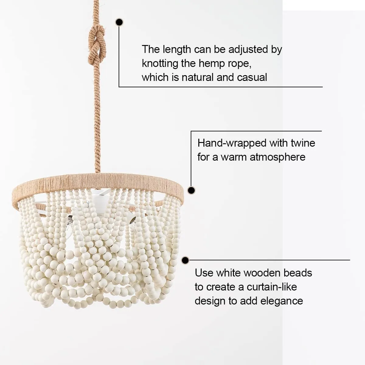 VILUXY Bohemia Wood Beaded Pendant Lights Antique Rustic Mini Chandelier White Finishing for Bedroom, Nursery Room, Girl Room, Hallway, Entryway, Passway, Dining Room, 3-Light