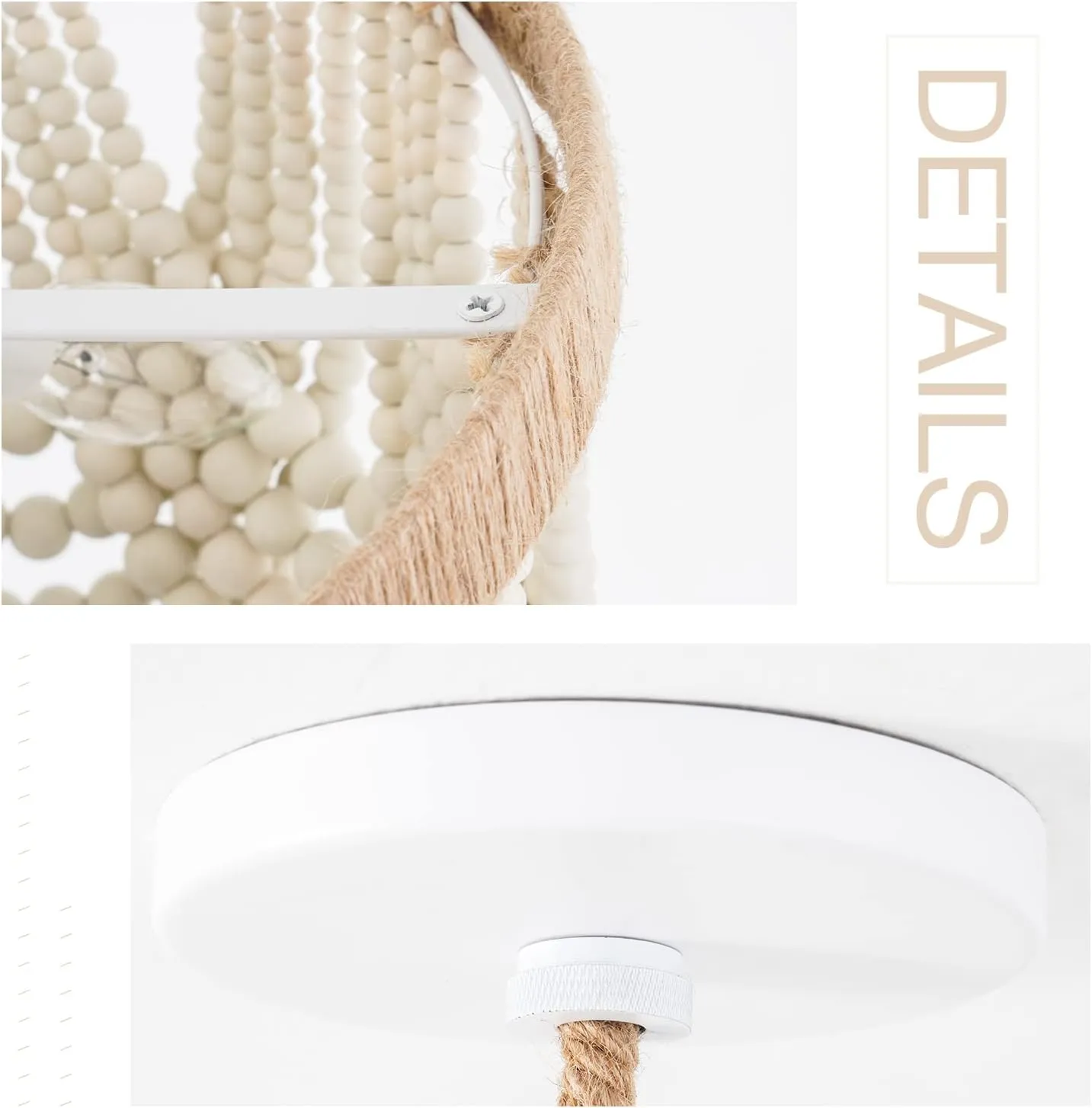 VILUXY Bohemia Wood Beaded Pendant Lights Antique Rustic Mini Chandelier White Finishing for Bedroom, Nursery Room, Girl Room, Hallway, Entryway, Passway, Dining Room, 3-Light