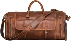 Vintage Leather Duffle Bag, Large Capacity Travel Weekender, Brown Leather with Shoulder Strap