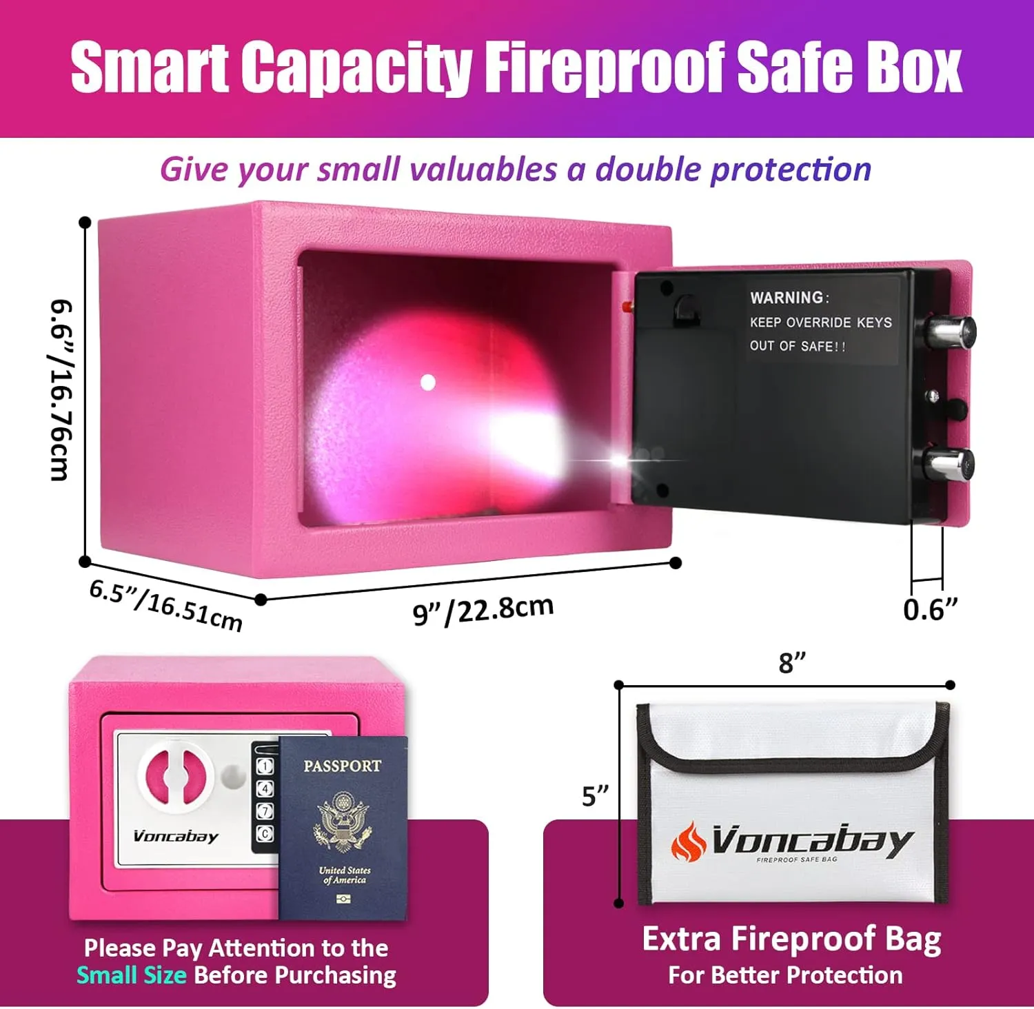 Voncabay Money Safe Box for Home with Sensor Light & Fireproof Money Bag, Security Lock Box with Keys & Pass Code, Fireproof Safe with Digital Keypad Pink
