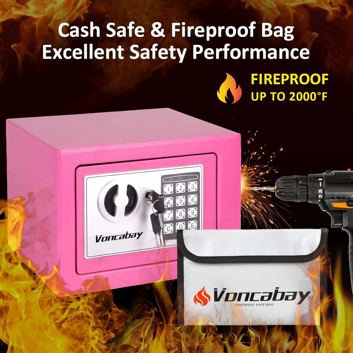 Voncabay Money Safe Box for Home with Sensor Light & Fireproof Money Bag, Security Lock Box with Keys & Pass Code, Fireproof Safe with Digital Keypad Pink