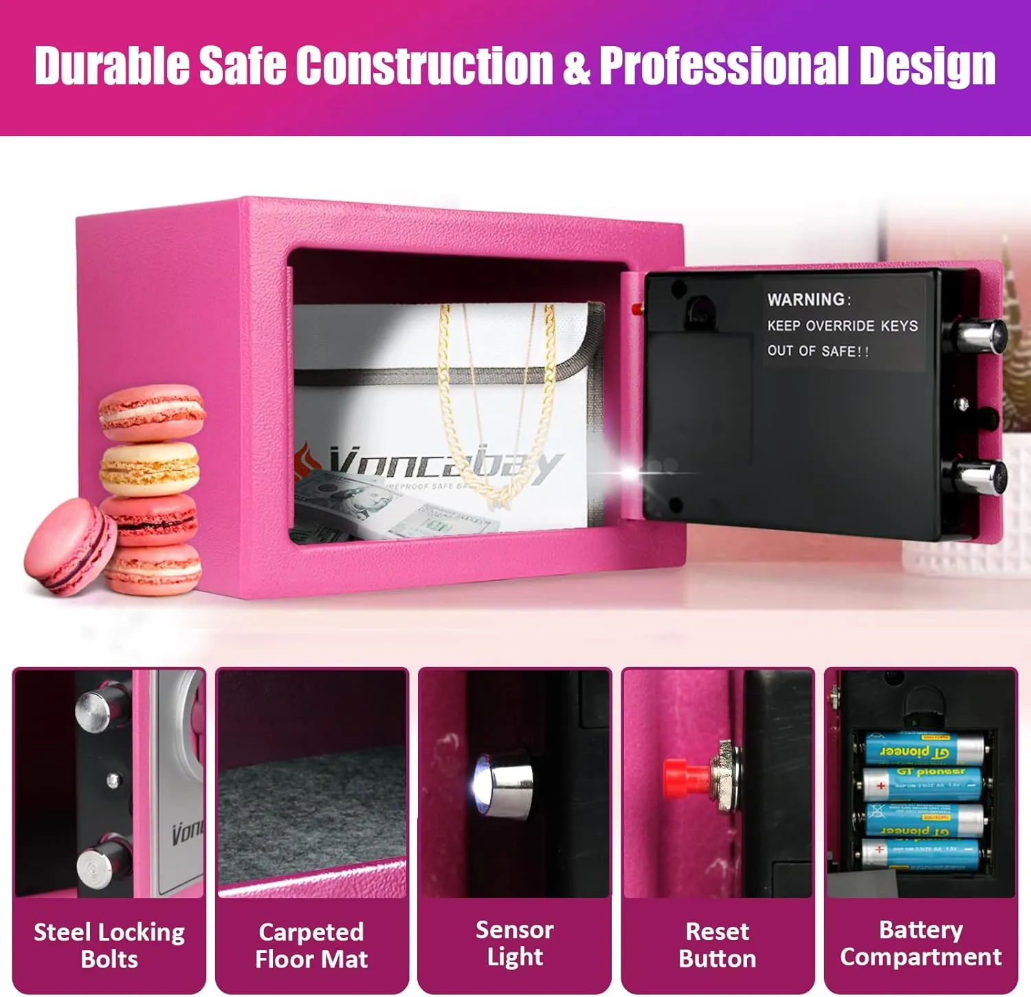 Voncabay Money Safe Box for Home with Sensor Light & Fireproof Money Bag, Security Lock Box with Keys & Pass Code, Fireproof Safe with Digital Keypad Pink