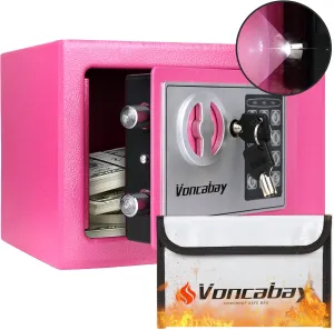 Voncabay Money Safe Box for Home with Sensor Light & Fireproof Money Bag, Security Lock Box with Keys & Pass Code, Fireproof Safe with Digital Keypad Pink