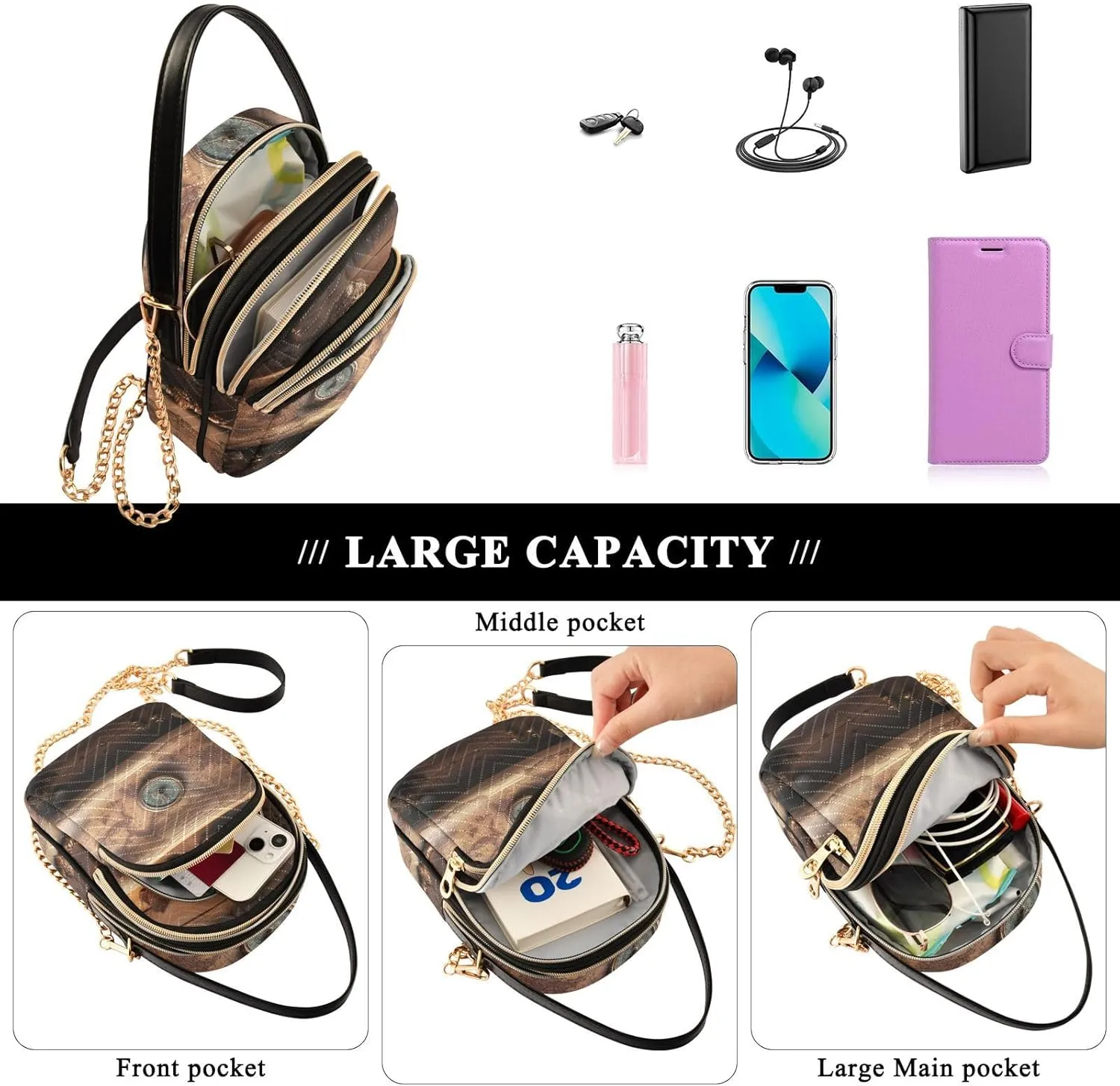 Watercolor Floral Border Women Crossbody Handbag, Crossbody Handbag with Chain Strap, Crossbody for Women Trendy