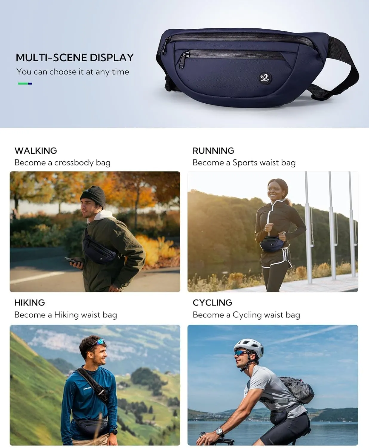 WATERFLY Fanny Pack Waist Packs: Small Waist Bag for Women Men Fashion Crossbody Belt Bags for Hiking Running Travel Walking-Dark Blue