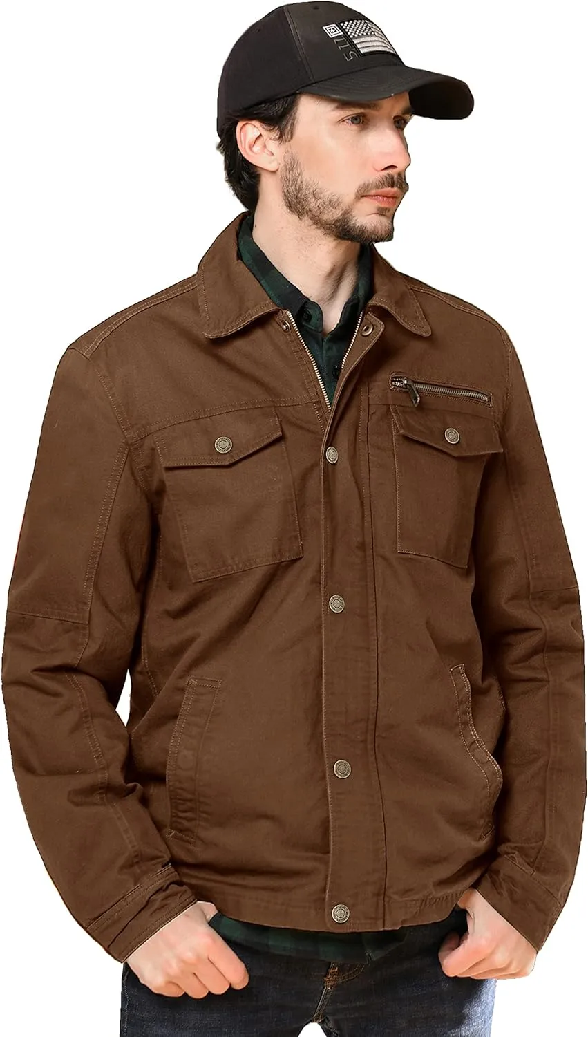 WenVen Men's Casual Canvas Cotton Military Lapel Jacket