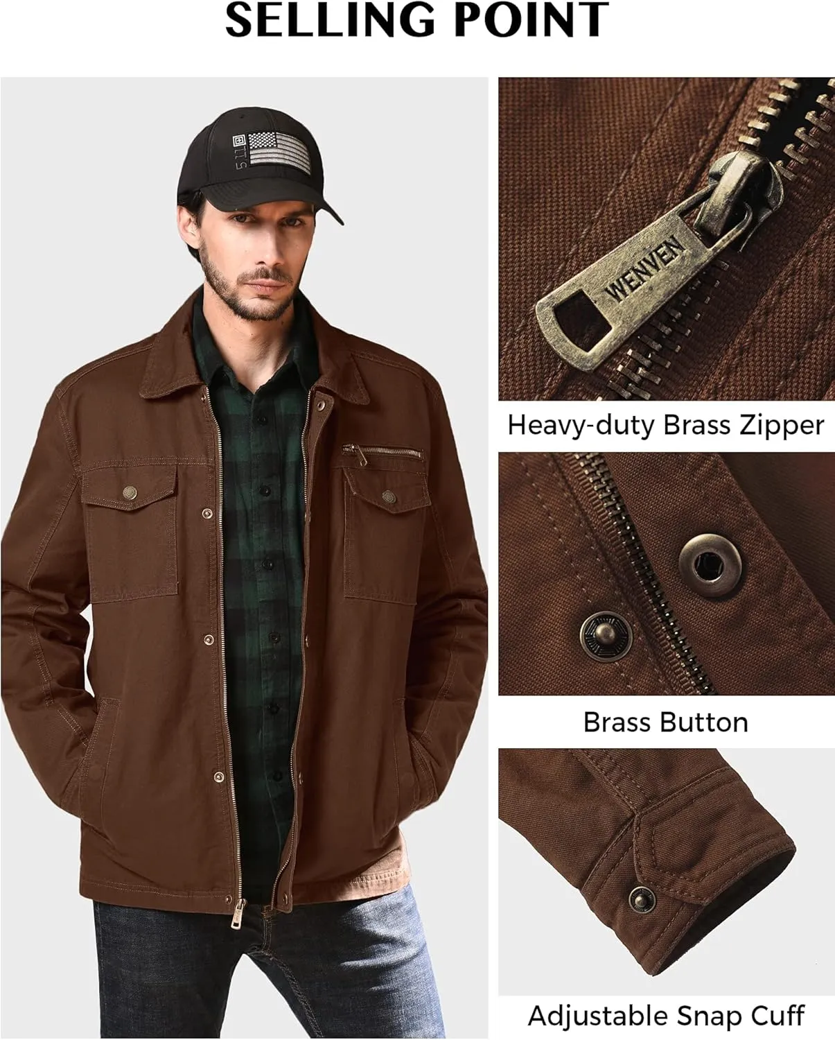WenVen Men's Casual Canvas Cotton Military Lapel Jacket