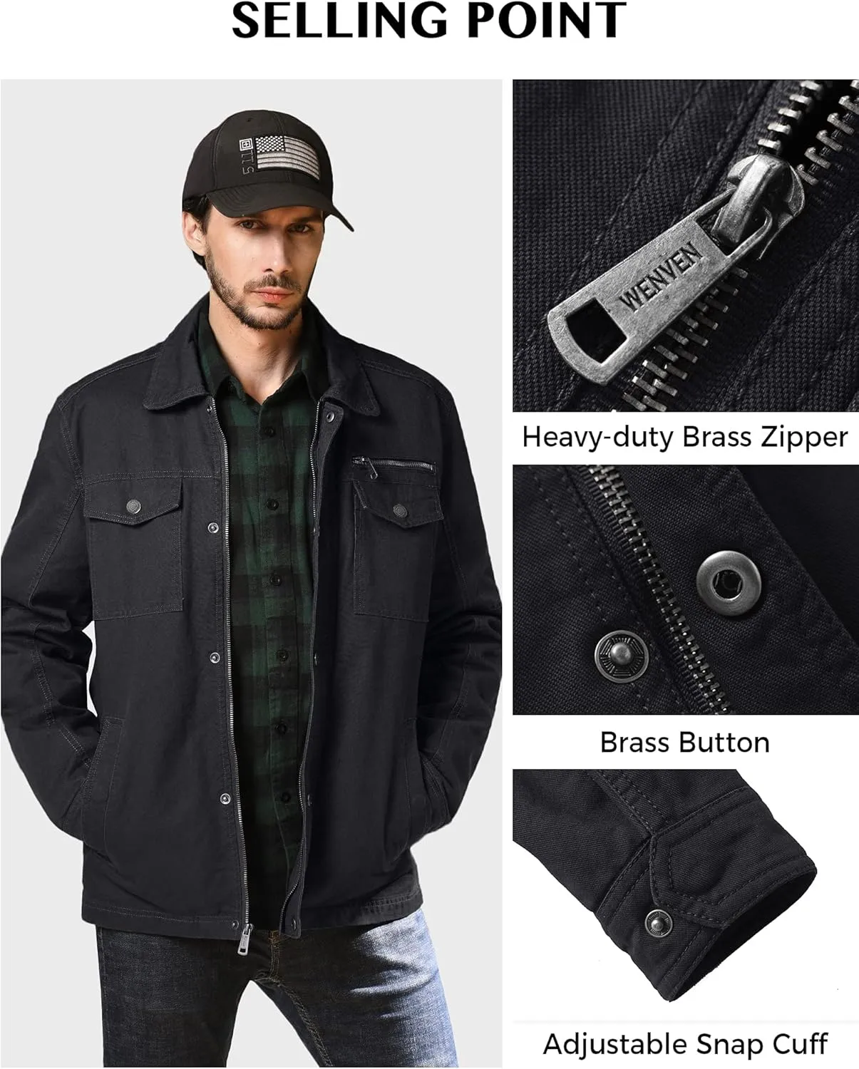 WenVen Men's Casual Canvas Cotton Military Lapel Jacket