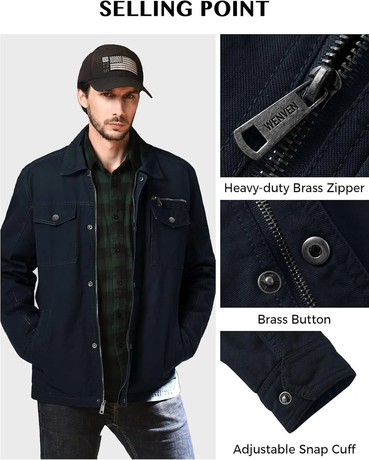 WenVen Men's Casual Canvas Cotton Military Lapel Jacket