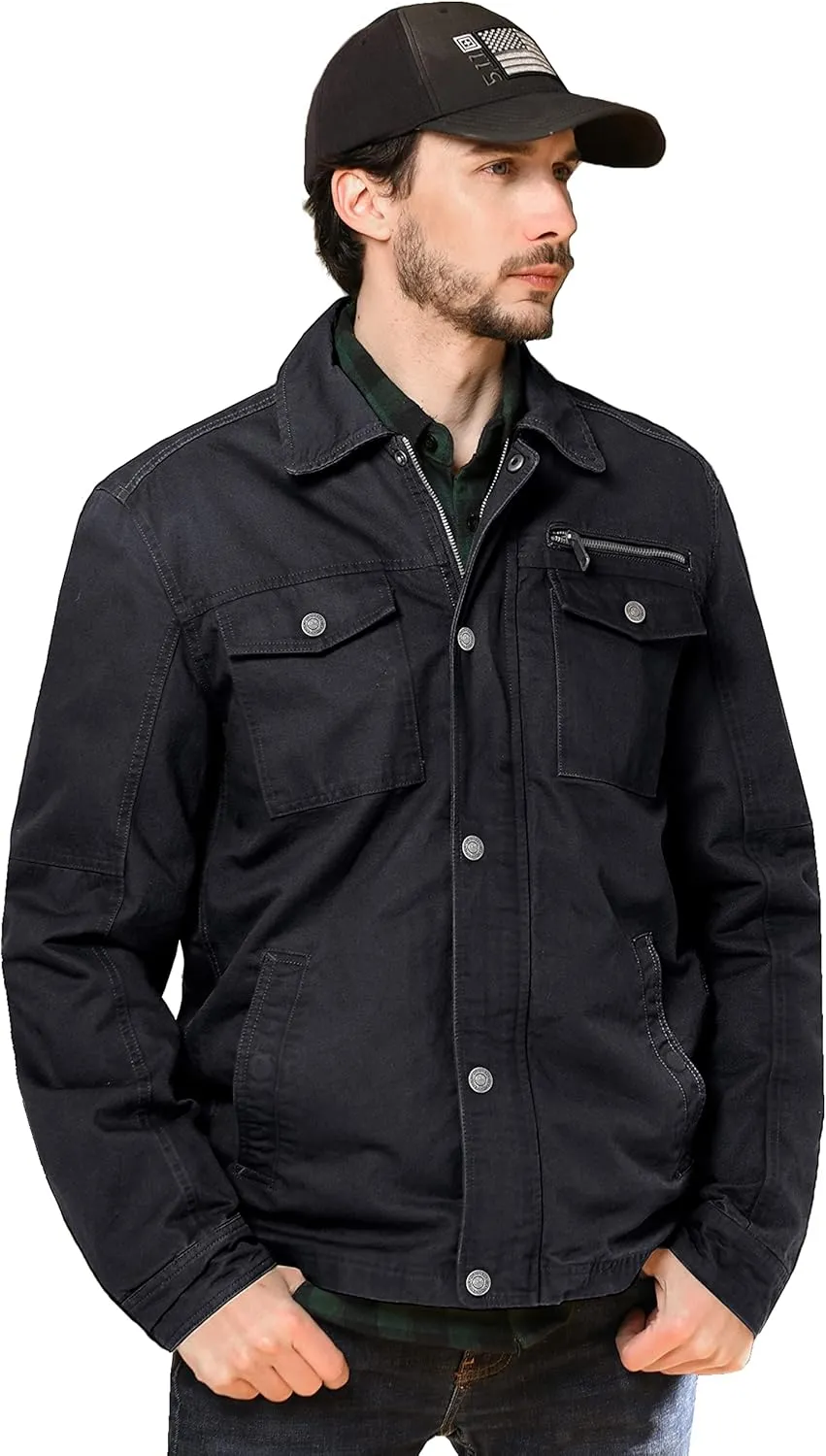 WenVen Men's Casual Canvas Cotton Military Lapel Jacket