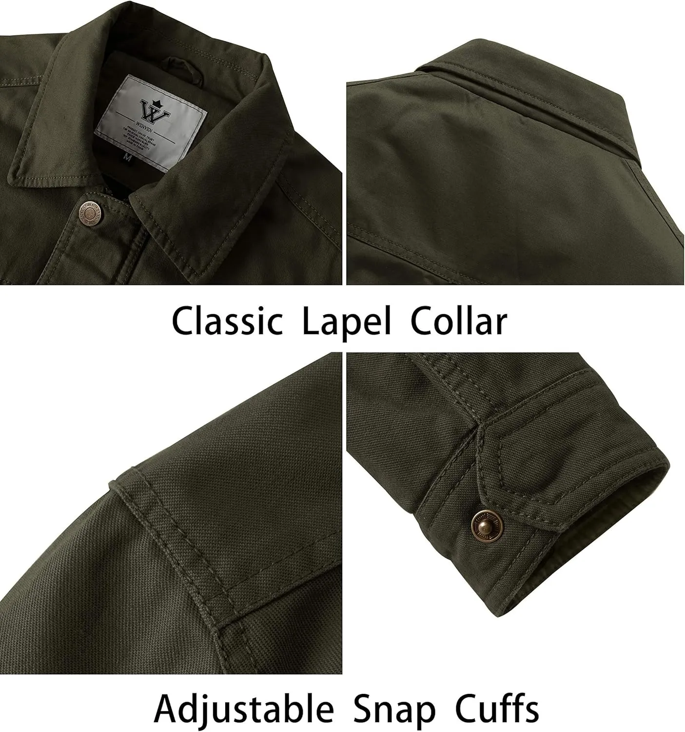 WenVen Men's Casual Canvas Cotton Military Lapel Jacket
