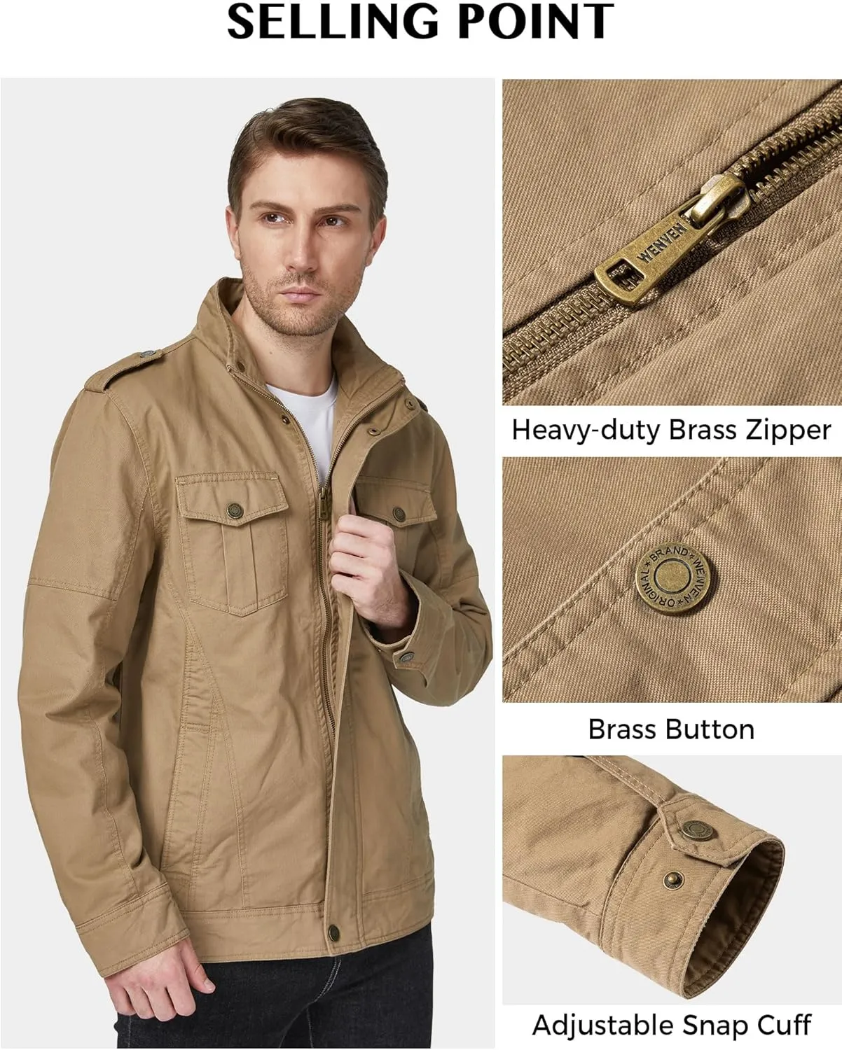 WenVen Men's Casual Washed Cotton Military Jacket