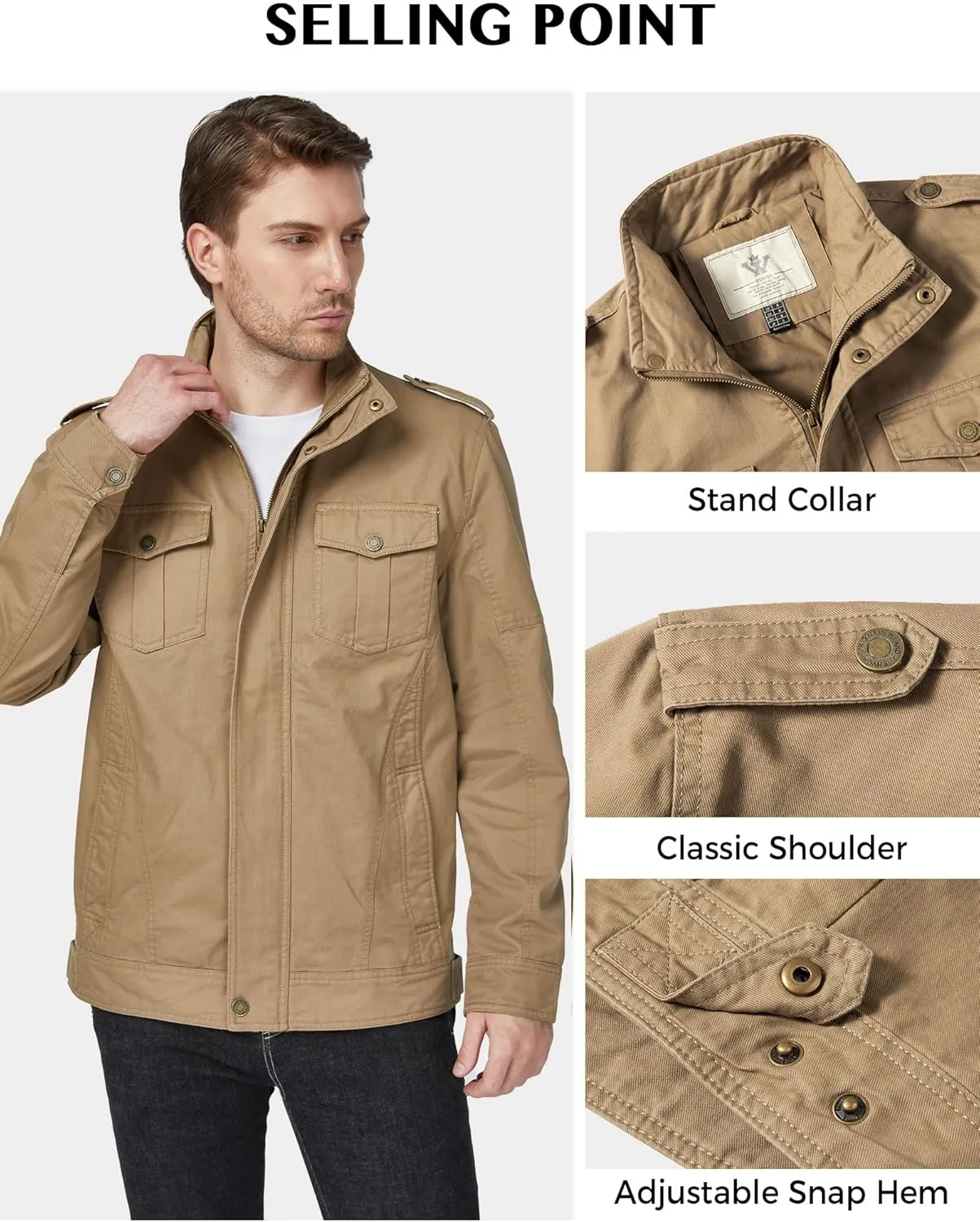 WenVen Men's Casual Washed Cotton Military Jacket