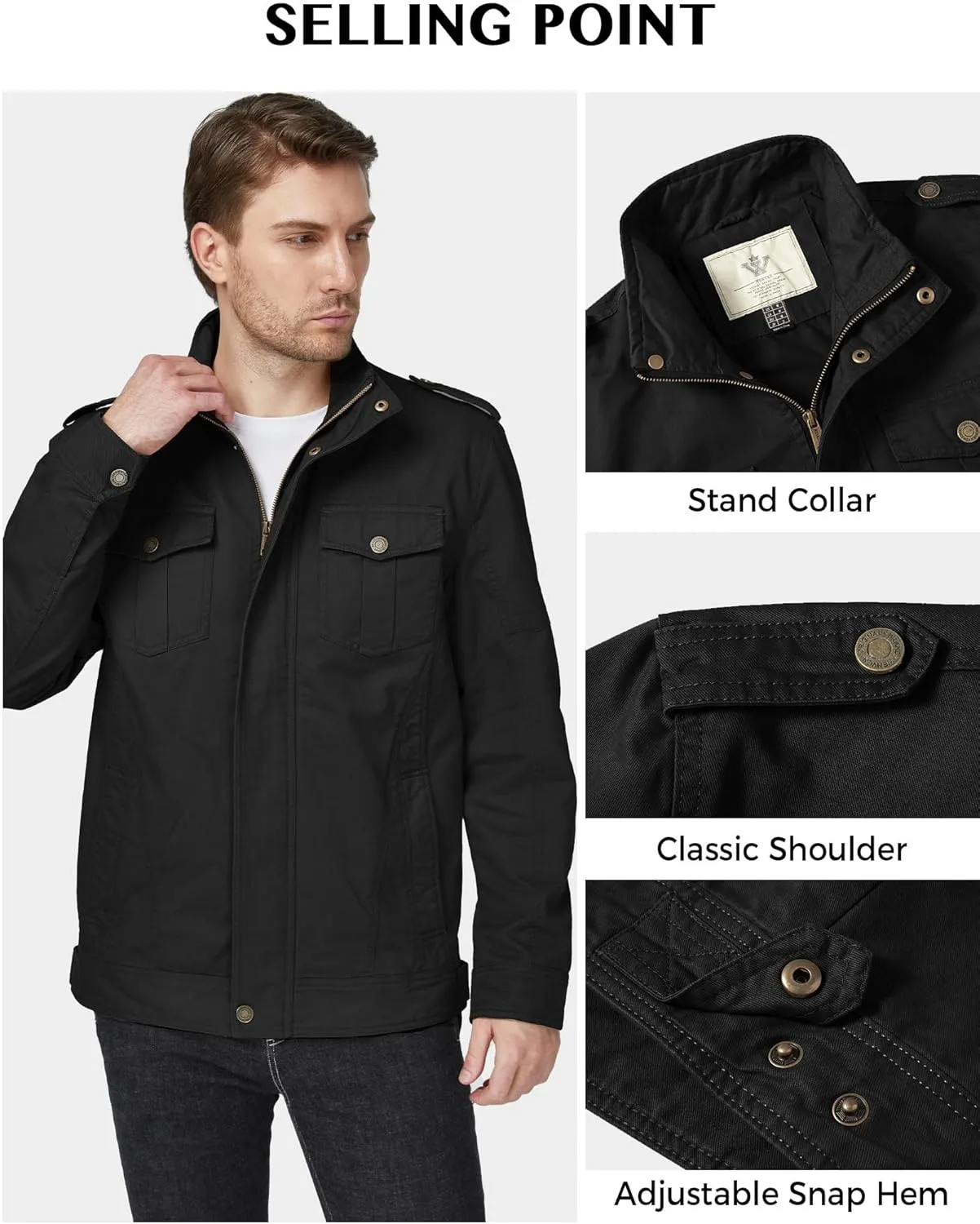 WenVen Men's Casual Washed Cotton Military Jacket