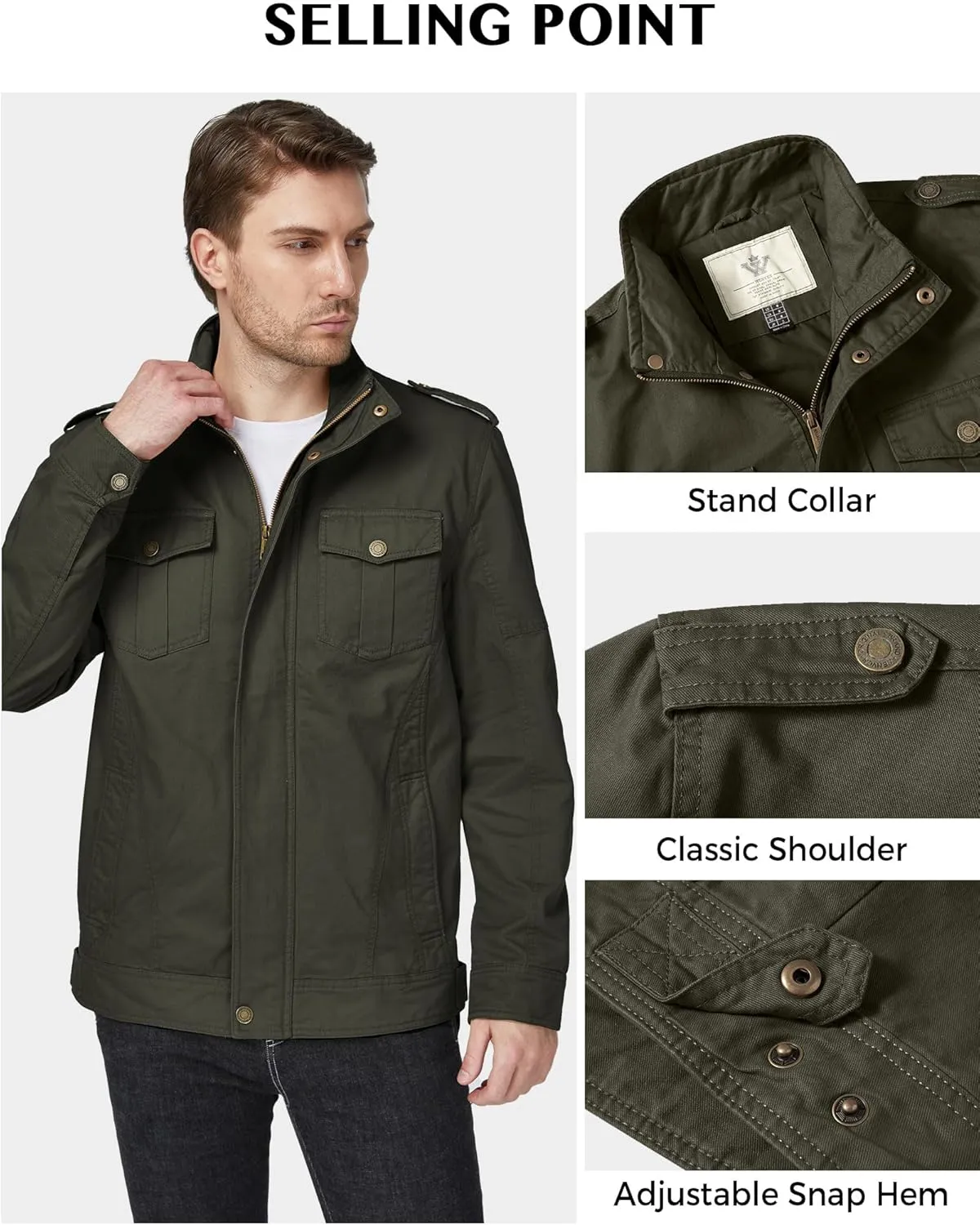 WenVen Men's Casual Washed Cotton Military Jacket