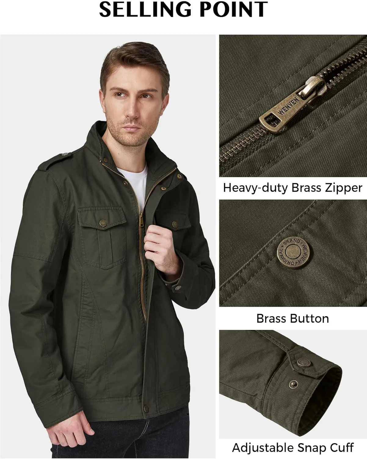 WenVen Men's Casual Washed Cotton Military Jacket