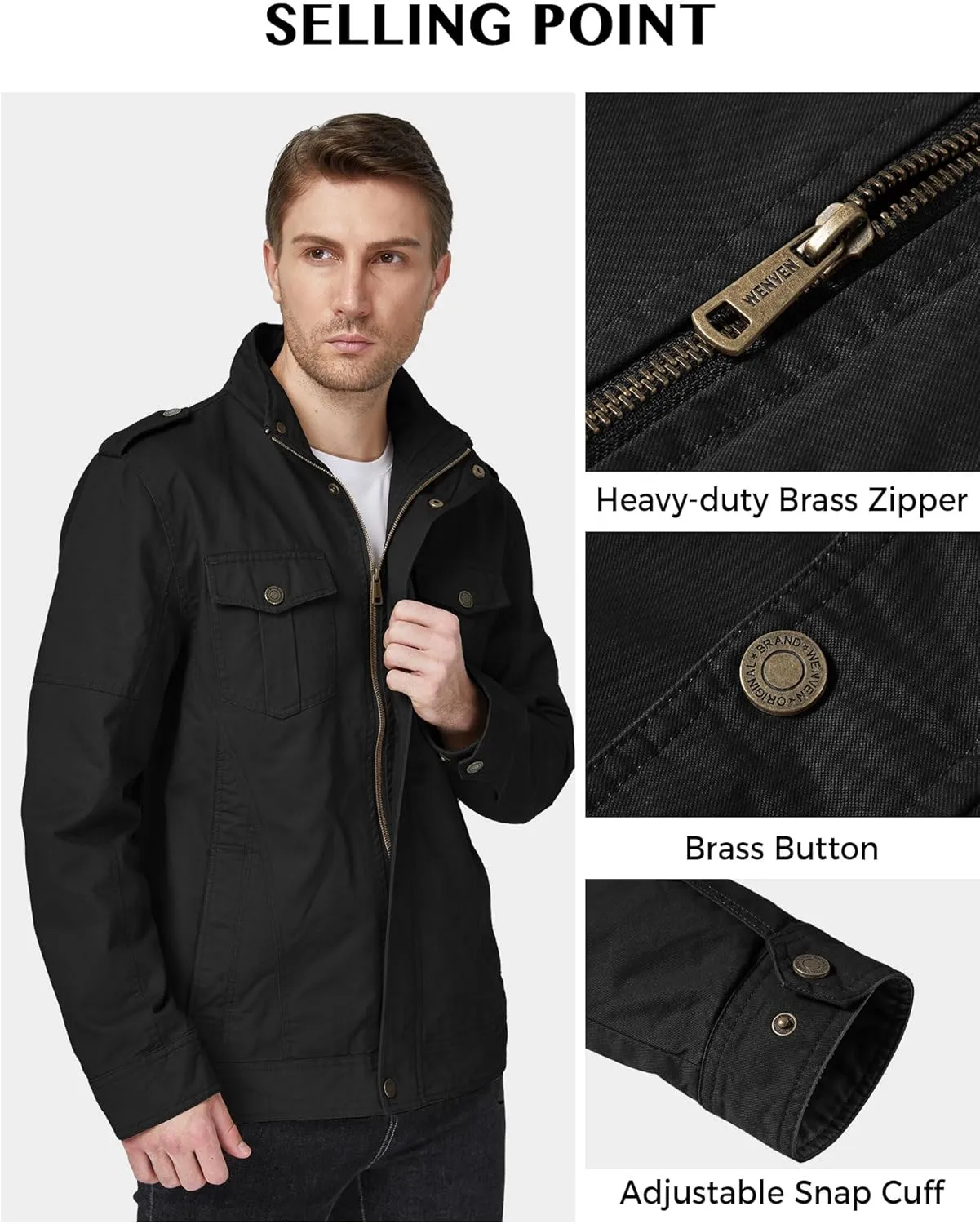 WenVen Men's Casual Washed Cotton Military Jacket