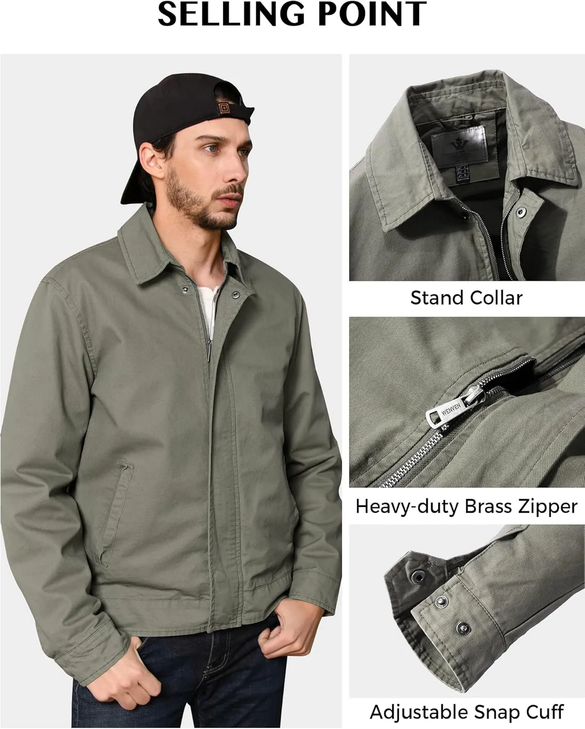 WenVen Men's Lightweight Military Cotton Jacket Casual Spring Lapel Work Coat