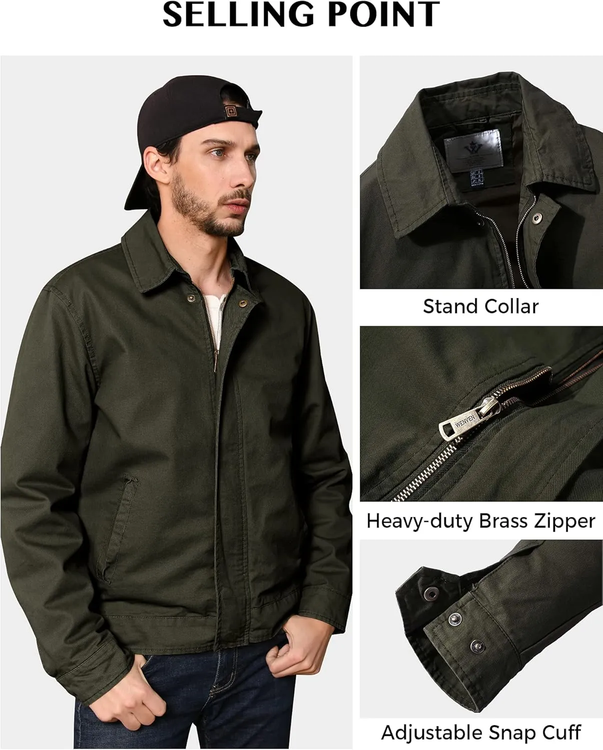 WenVen Men's Lightweight Military Cotton Jacket Casual Spring Lapel Work Coat