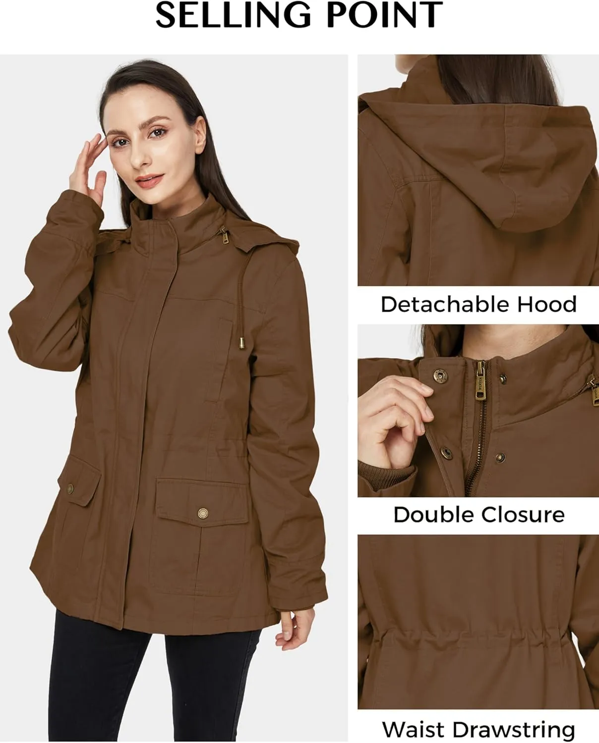 WenVen Women's Cotton Military Jacket Lightweight Casual Anorak Coat with Hood
