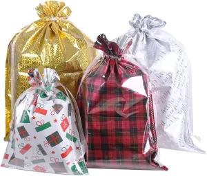 WesGen Christmas Gift Bags,32Pcs Santa Wrapping Bag in 4 Sizes and 4 Designs with Inserted Drawstring Ribbons and Tags for Wrapping Holiday