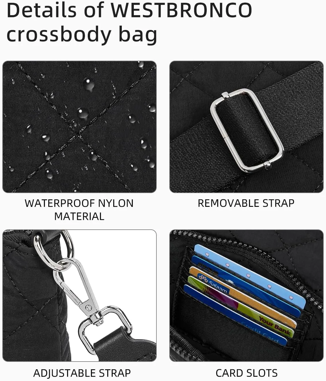 WESTBRONCO Quilted Crossbody Bags for Women Multi Zipper Pockets Nylon Purses with Wallet Set