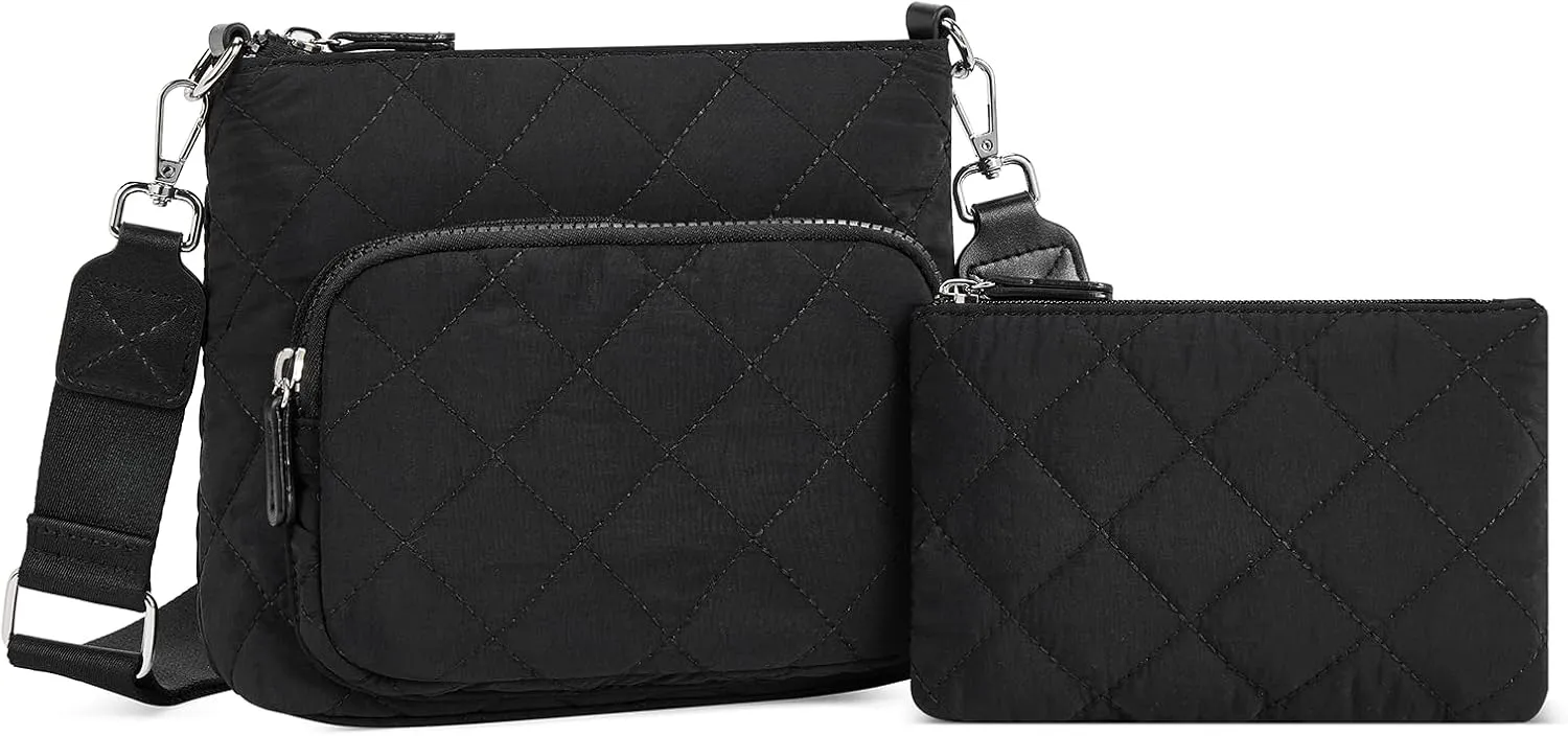 WESTBRONCO Quilted Crossbody Bags for Women Multi Zipper Pockets Nylon Purses with Wallet Set