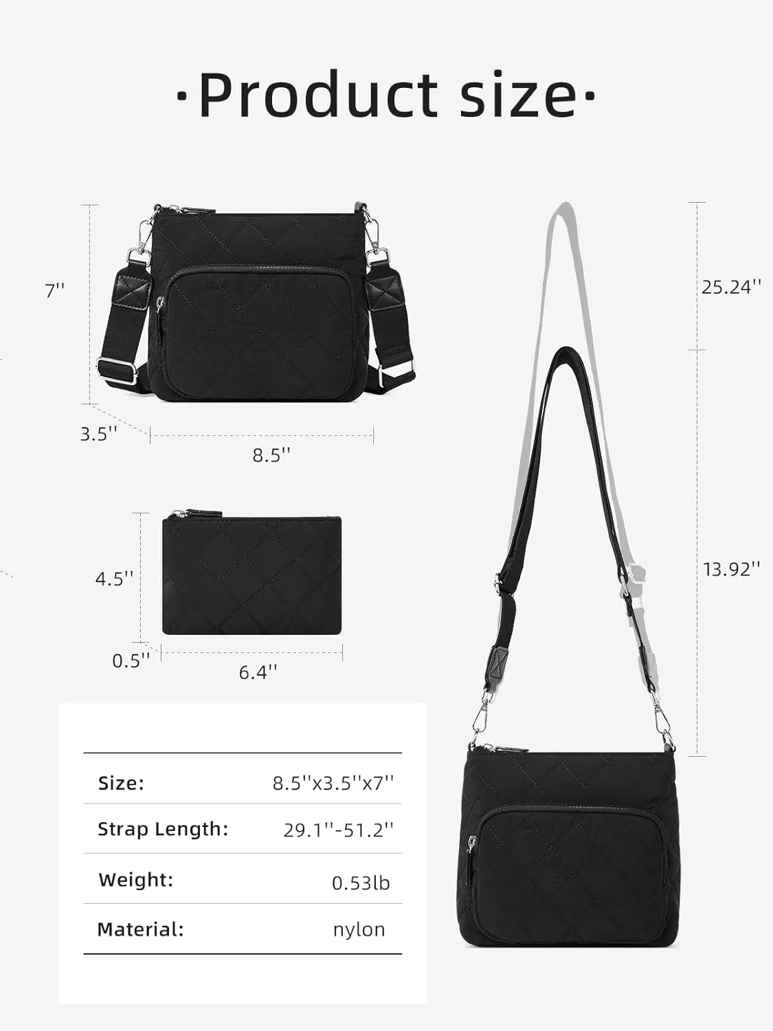 WESTBRONCO Quilted Crossbody Bags for Women Multi Zipper Pockets Nylon Purses with Wallet Set