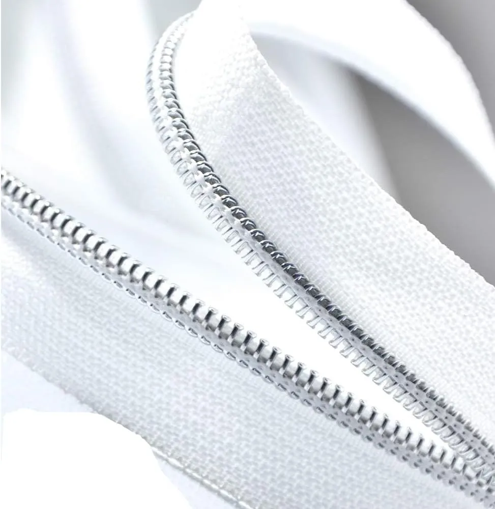 White Nylon Coil Zipper Tape by The Yard with 20pcs Silver Zipper Pulls for Purse and Bag (White)