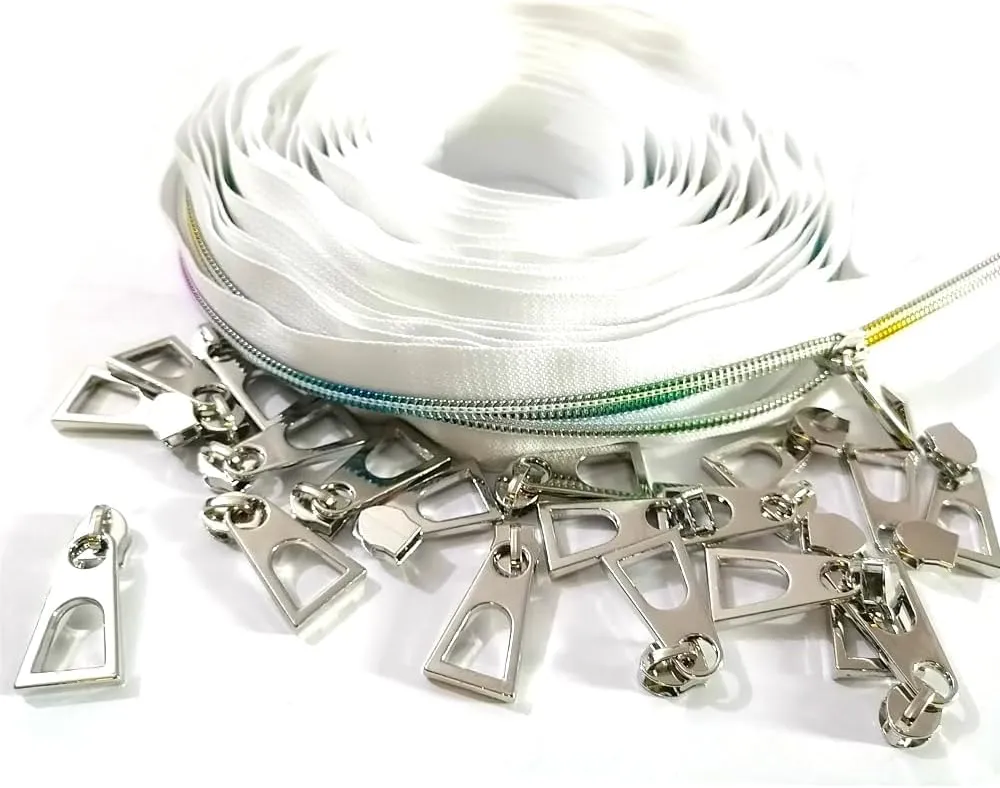 White Nylon Coil Zipper Tape by The Yard with 20pcs Silver Zipper Pulls for Purse and Bag (White)