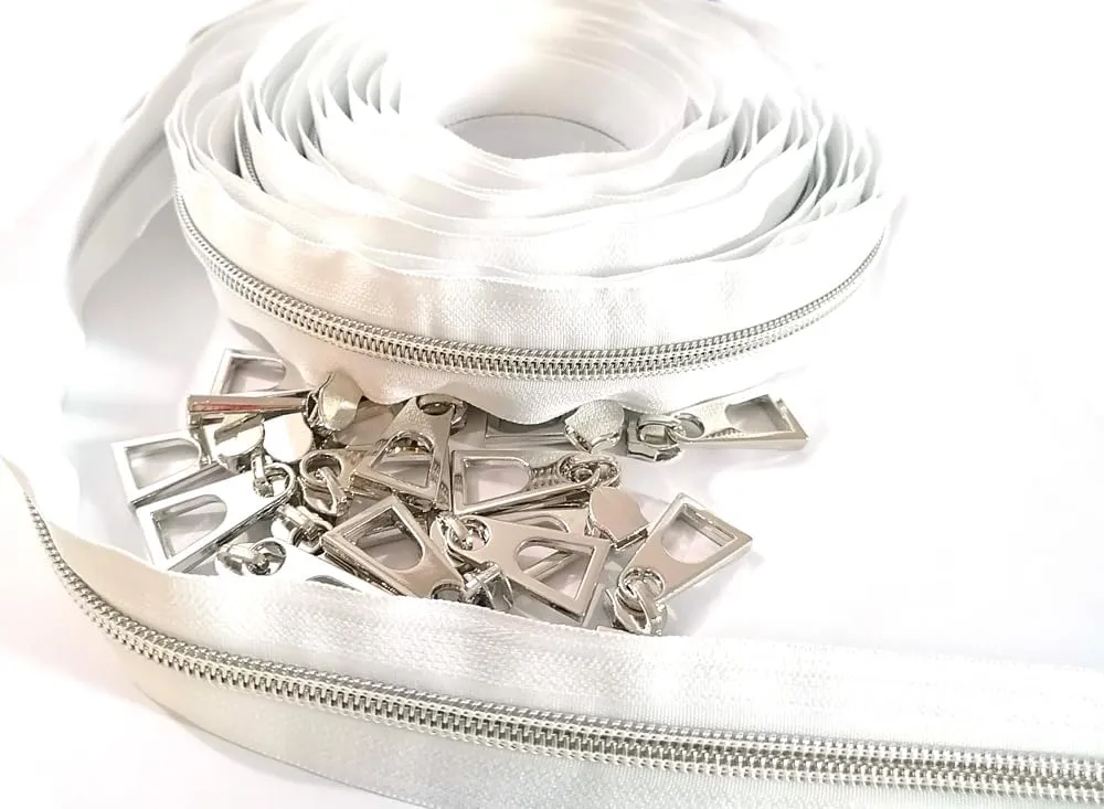 White Nylon Coil Zipper Tape by The Yard with 20pcs Silver Zipper Pulls for Purse and Bag (White)