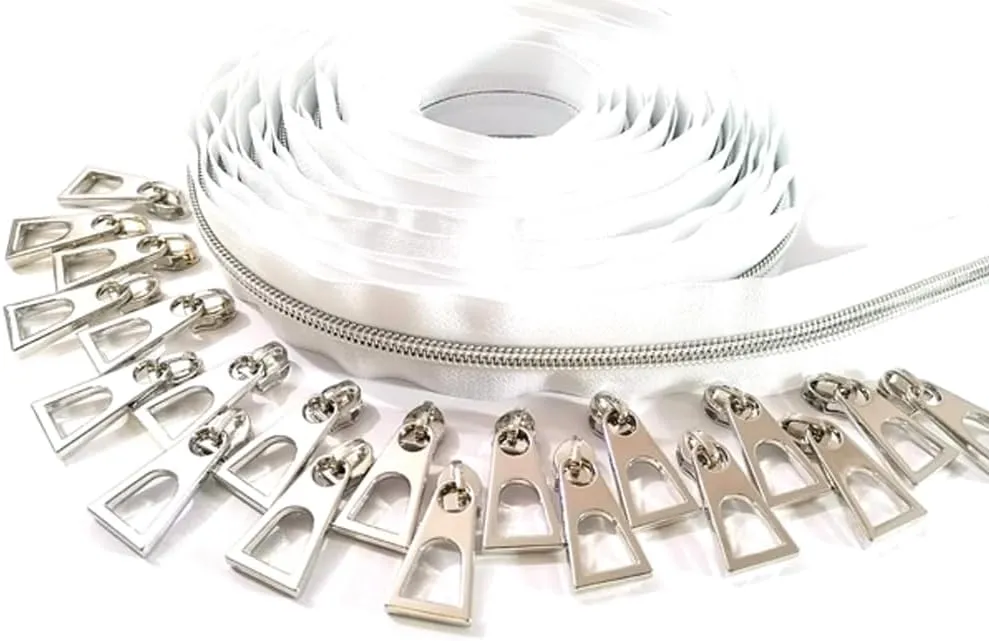 White Nylon Coil Zipper Tape by The Yard with 20pcs Silver Zipper Pulls for Purse and Bag (White)
