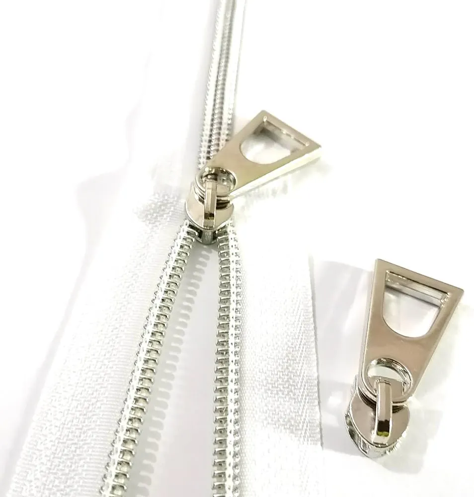 White Nylon Coil Zipper Tape by The Yard with 20pcs Silver Zipper Pulls for Purse and Bag (White)