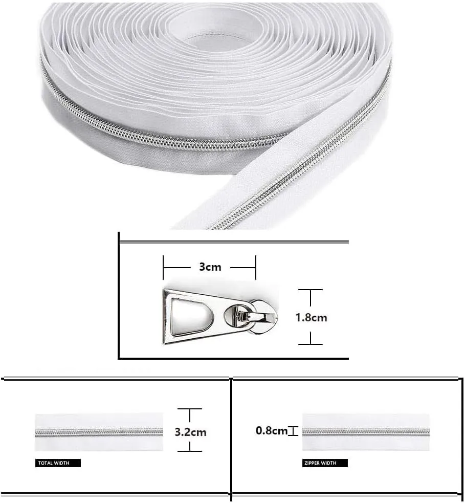 White Nylon Coil Zipper Tape by The Yard with 20pcs Silver Zipper Pulls for Purse and Bag (White)