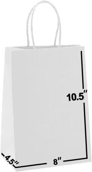 White Paper Gift Bags Bulk with Handles 8 X 4.5 X 10.5 [50 Bags] Ideal for Shopping, Packaging, Retail, Party, Craft, Gifts, Wedding, Recycled, Business, Goody and Kraft Merchandise Bag