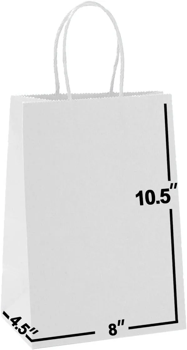 White Paper Gift Bags Bulk with Handles 8 X 4.5 X 10.5 [50 Bags] Ideal for Shopping, Packaging, Retail, Party, Craft, Gifts, Wedding, Recycled, Business, Goody and Kraft Merchandise Bag